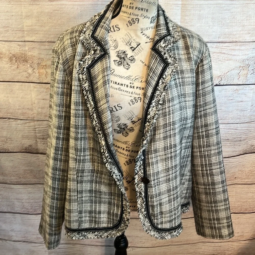 Chico's Black and White Tweed Fringe Blazer
